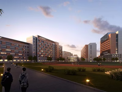 Modern School Building Campus With Green Lawn Pathway And Students Walking 3d model