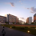Modern School Building Campus With Green Lawn Pathway And Students Walking 3d model