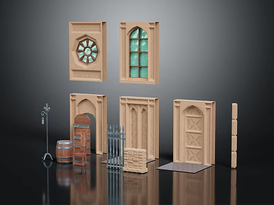 Decorative Wooden Furniture Models Including Doors Windows Fence Barrel And Cabinet 3d model