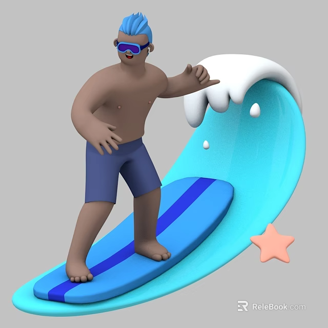 Game Movie Character Surfer In Goggles Blue Shorts On Blue Surfboard With Wave Pink Starfish 3d model 