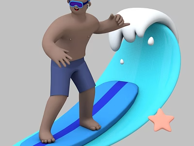 Game Movie Character Surfer In Goggles Blue Shorts On Blue Surfboard With Wave Pink Starfish 3d model