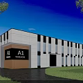 Modern Industrial Warehouse with Gray White Exterior Labeled A1 Green Lawns Trees and Multiple Windows