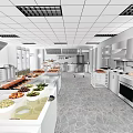 Commercial Catering Kitchen With White Cabinets Worktables Food Ingredients Stone Flooring And Ceiling Vents