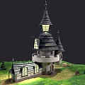 Cartoon Castle Scene With Black Roof White Walls Green Grass Pine Trees And Stones
