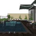 Modern Swimming Pool With Lounge Chairs Umbrella Plants And Wooden Deck