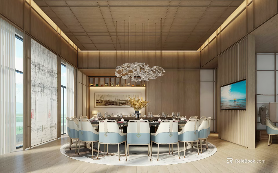 Luxurious Private Dining Room Interior With Round Table And Chandelier 3d model