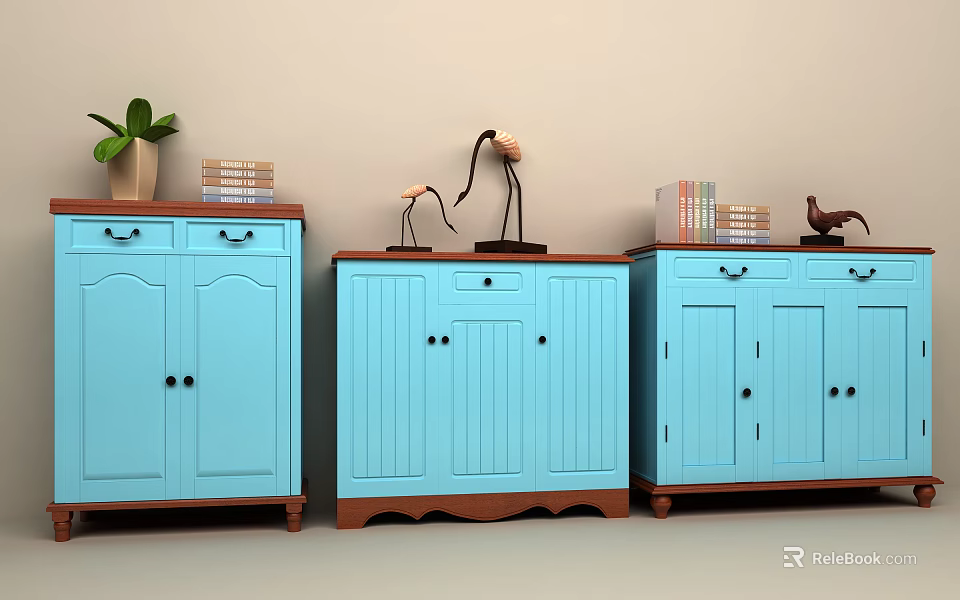 Blue Entryway Console Tables And Side Cabinets With Potted Plant Books And Decorative Items 3d model 