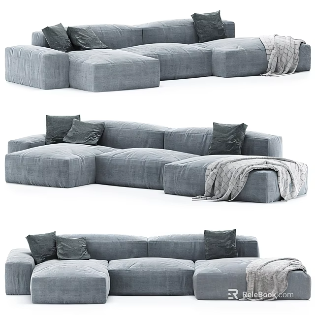 Gray Sectional Sofa With Soft Throw Pillows And Cozy Blanket In Living Room 3d model 