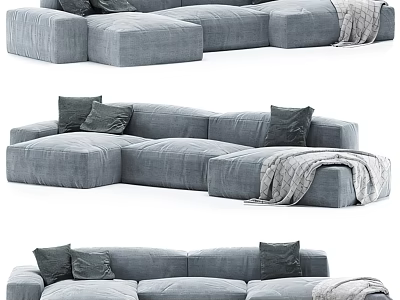 Gray Sectional Sofa With Soft Throw Pillows And Cozy Blanket In Living Room 3d model