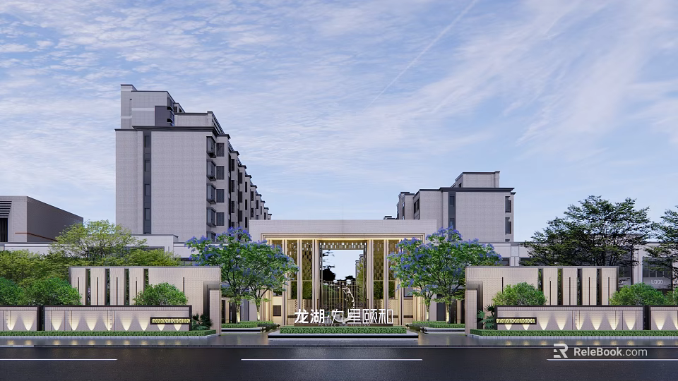Modern Sales Office Architecture Featuring Elegant Entrance Landscaped Gardens And Surrounding High Rises 3d model 