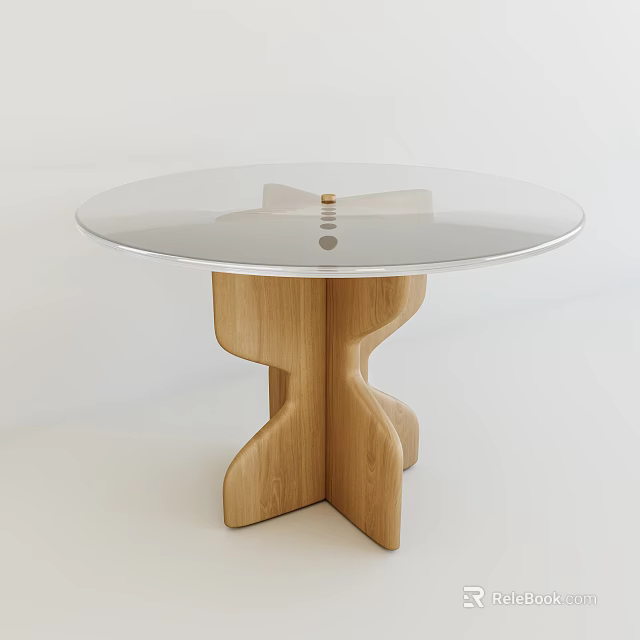 Modern Functional Table With Round Transparent Glass Top And Wooden Geometric Base 3d model 