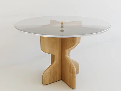 Modern Functional Table With Round Transparent Glass Top And Wooden Geometric Base 3d model