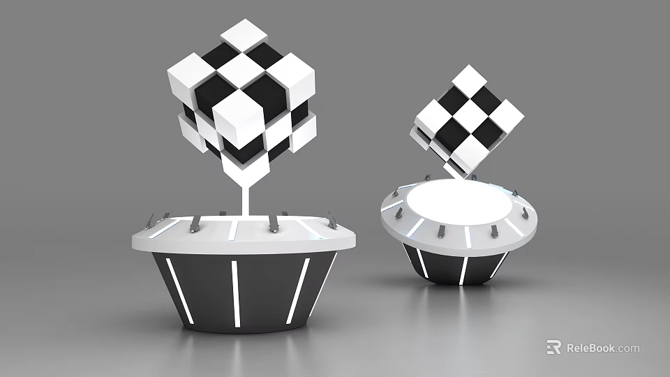 Black And White Checkered Cubes On Modern Round Pedestal Base Design 3d model 