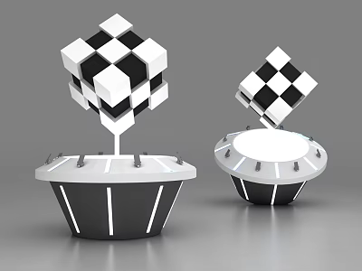 Black And White Checkered Cubes On Modern Round Pedestal Base Design 3d model