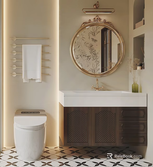 Elegant Modern Bathroom Vanity Cabinet With Round Gold Frame Mirror Towel Rack And Smart Toilet 3d model 