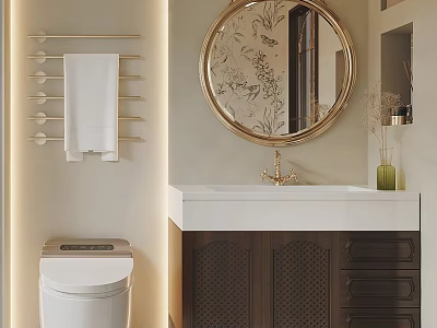 Elegant Modern Bathroom Vanity Cabinet With Round Gold Frame Mirror Towel Rack And Smart Toilet 3d model