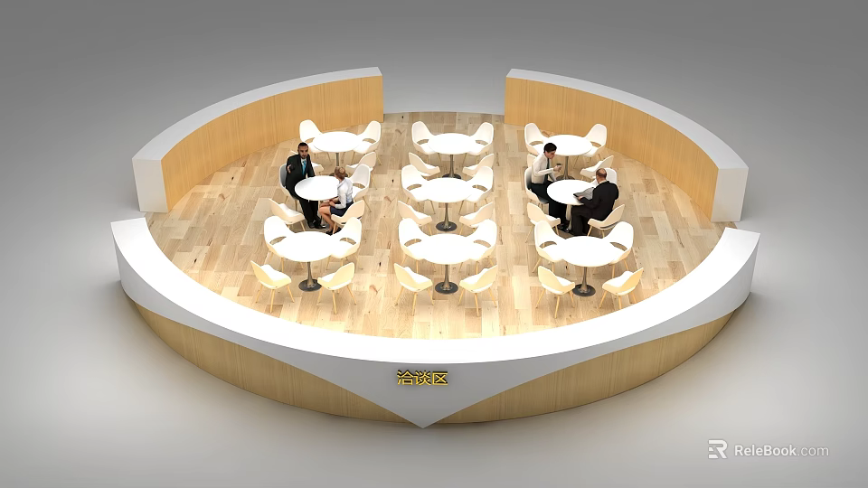Modern Circular Lounge Area With Wooden Flooring White Tables Chairs And People Sitting 3d model 