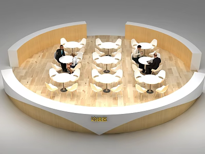 Modern Circular Lounge Area With Wooden Flooring White Tables Chairs And People Sitting 3d model