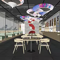 Modern Restaurant Interior With Colorful Fan Chandeliers Wooden Tables And Wall Art Decorations