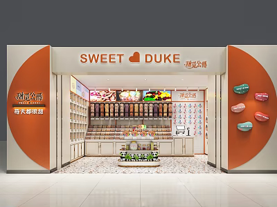 Shopping Mall Sweet Shop Interior With Shelves Displayed Sweets And Counter Design 3d model