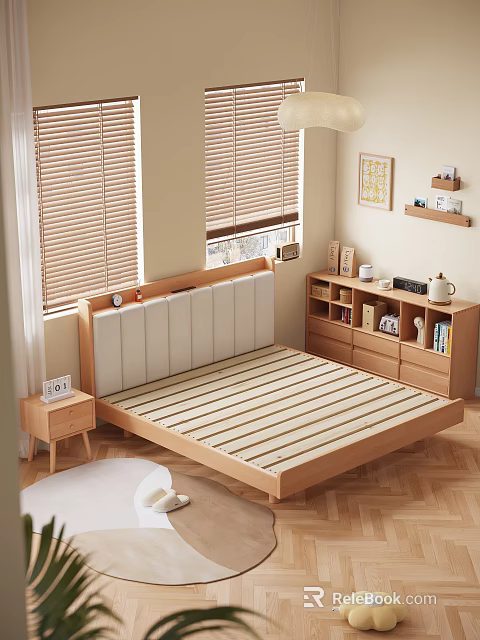 Wooden Double Bed with Upholstered Headboard Nightstand Bookshelf by Window with Blinds on Wooden Floor 3d model 