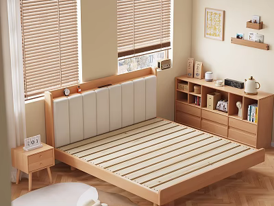 Wooden Double Bed with Upholstered Headboard Nightstand Bookshelf by Window with Blinds on Wooden Floor 3d model