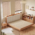 Wooden Double Bed with Upholstered Headboard Nightstand Bookshelf by Window with Blinds on Wooden Floor