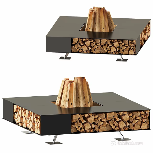 Modern Square Fireplace Design With Black Top And Stacked Wooden Logs Storage 3d model 