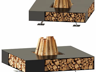 Modern Square Fireplace Design With Black Top And Stacked Wooden Logs Storage 3d model