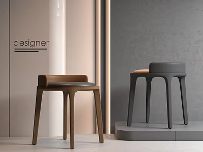 Modern Designer Wooden And Gray Stools In Minimalist Interior Display Setting 3d model