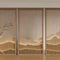 Modern Wooden Room Divider Screen with Vertical Slats Mountain Design and Ambient Lighting