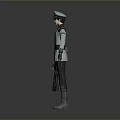 3D Character Model in Gray Blue Uniform With Hat Weapon and Belt Details