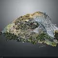 Detailed 3D Mountain Terrain Model With Buildings Vegetation And Rocky Slopes