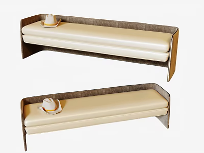 Modern Sofa Bench with Beige Cushion and Brown Frame Featuring Decorative Hat 3d model