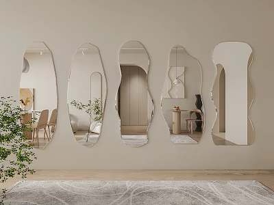 Five Shaped Mirrors Hanging On Wall Light Beige Modern Living Room Reflecting Furniture Plants 3d model