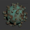 Spherical Weapon With Turquoise Copper Metallic Surface And Protruding Bolt Like Structures 3d model