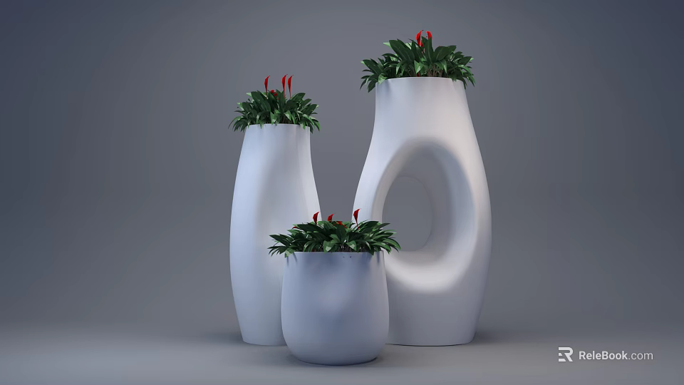 White Potted Bonsai Plants With Various Shapes Green Leaves And Red Flowers 3d model 