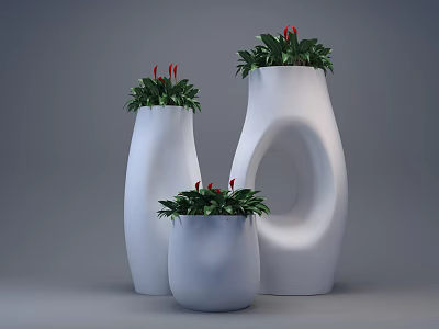 White Potted Bonsai Plants With Various Shapes Green Leaves And Red Flowers 3d model