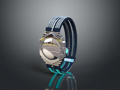 Stylish Daily Life Watch With Blue Braided Strap Shiny Silver Dial And Green Accent 3d model