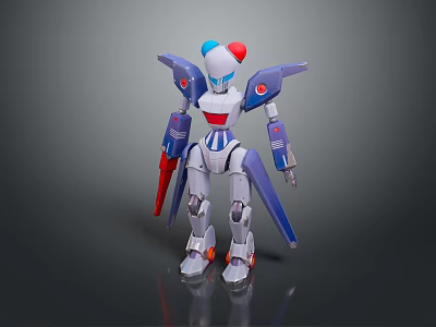 Game And Movie Sci-Fi Robot Character With Blue White Red Armor And Mechanical Arms 3d model