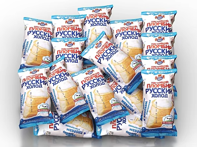 Stacked Packages of Russian Pirozhki Pastries with Blue and White Wrapping 3d model