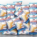 Stacked Packages of Russian Pirozhki Pastries with Blue and White Wrapping