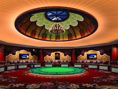 Luxurious Private Room Interior With Circular Decorative Ceiling Chandelier Green Carpet Wall TV And Seating 3d model