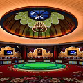 Luxurious Private Room Interior With Circular Decorative Ceiling Chandelier Green Carpet Wall TV And Seating