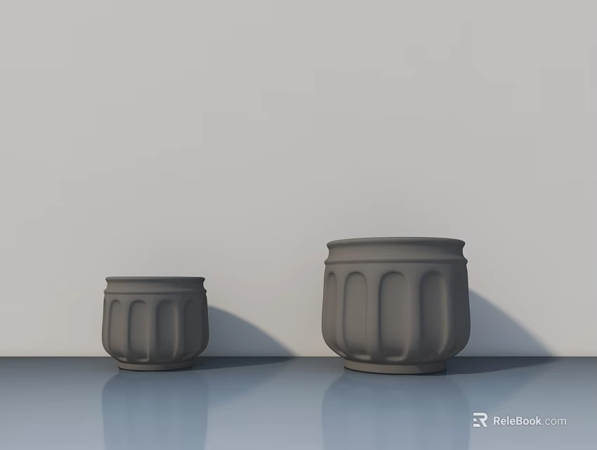 Gray Ribbed Garden Decorative Pots on Smooth Surface Against White Background 3d model