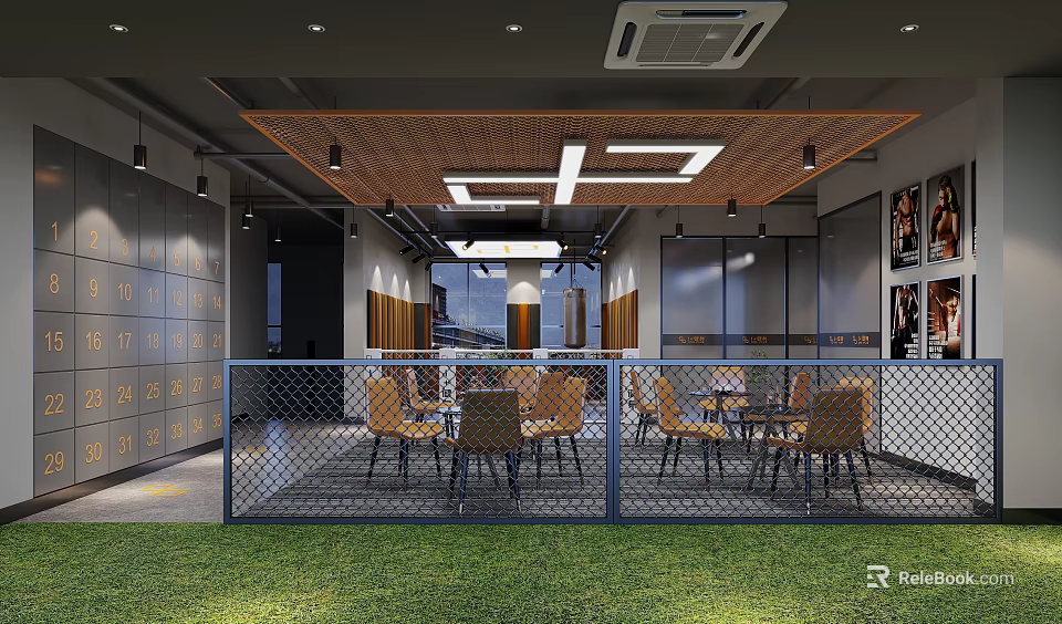 Modern Restaurant Interior With Wooden Ceiling Metal Mesh Fence Dining Tables And Chairs 3d model 