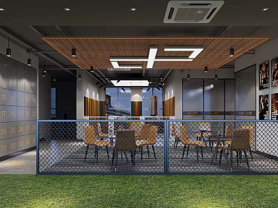 Modern Restaurant Interior With Wooden Ceiling Metal Mesh Fence Dining Tables And Chairs 3d model