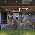 Modern Restaurant Interior With Wooden Ceiling Metal Mesh Fence Dining Tables And Chairs