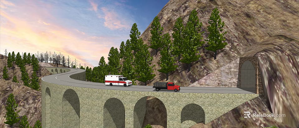 Stone Arch Bridge Road With Ambulance Truck And Green Trees On Mountain Scenic Sunset 3d model 