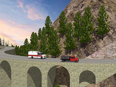 Stone Arch Bridge Road With Ambulance Truck And Green Trees On Mountain Scenic Sunset 3d model